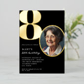 モダンフォトブラックと金ゴールド80エレガント誕生日 箔招待状 (立ち正面)