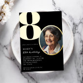 モダンフォトブラックと金ゴールド80エレガント誕生日 箔招待状