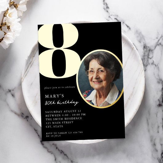 モダンフォトブラックと金ゴールド80エレガント誕生日 箔招待状