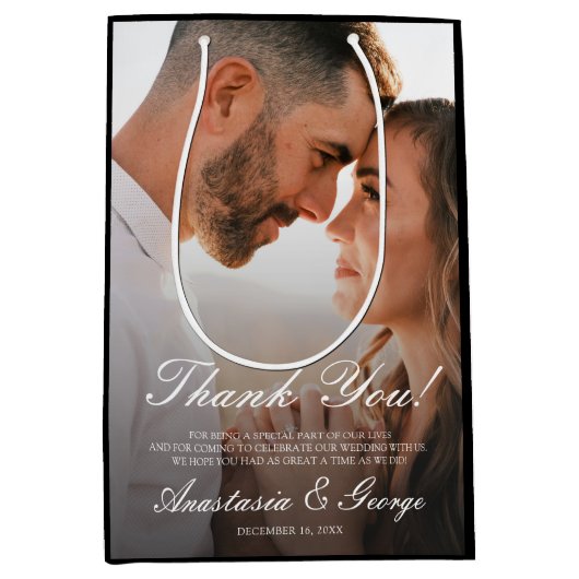 モダンフォトブラック結婚の感謝 ミディアムペーパーバッグ (正面)