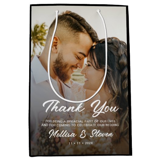 モダンフォトブラック結婚の感謝 ミディアムペーパーバッグ (正面)