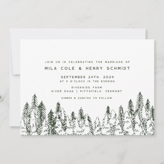 モダンフォレストパインミニマリスト結婚エバーグリーン 招待状 (正面)