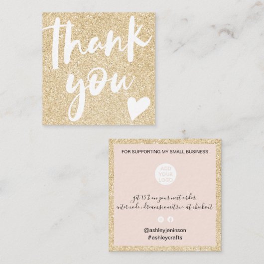 モダンフォント金ゴールドのグリッターピン感謝していクユー スクエア名刺 (正面/裏面)