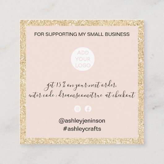 モダンフォント金ゴールドのグリッターピン感謝していクユー スクエア名刺 (裏面)