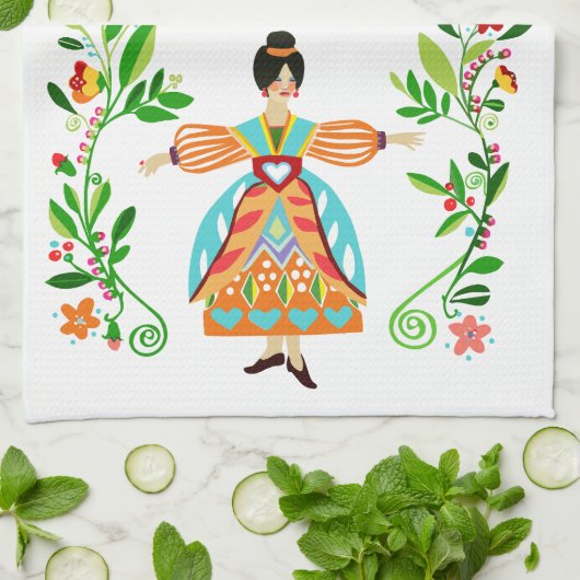 モダンフォークアートスタイルフラワーガールタングリーン キッチンタオル (折り畳み)