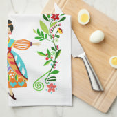 モダンフォークアートスタイルフラワーガールタングリーン キッチンタオル (四つ折り)