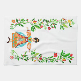 モダンフォークアートスタイルフラワーガールタングリーン キッチンタオル