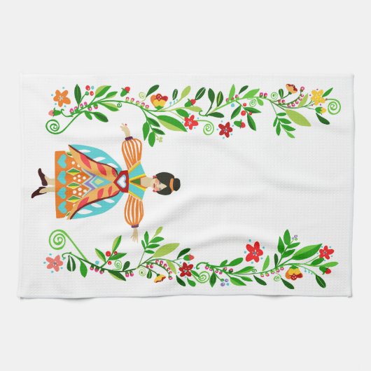 モダンフォークアートスタイルフラワーガールタングリーン キッチンタオル (横)
