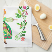 モダンフォークアートスタイル赤毛フラワーガール キッチンタオル (四つ折り)