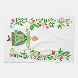 モダンフォークアートスタイル赤毛フラワーガール キッチンタオル