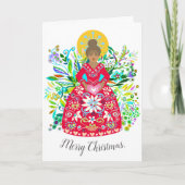 モダンフォークアート鮮やかレッドクリスマスエンジェル シーズンカード (正面)