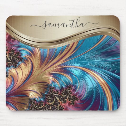モダンフラクタル青金ゴールド手書き名 マウスパッド (正面)