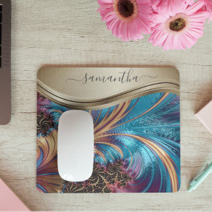 モダンフラクタル青金ゴールド手書き名 マウスパッド