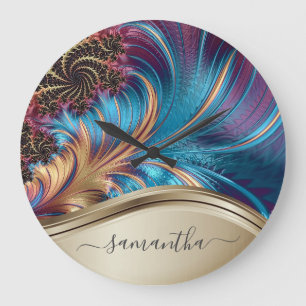 モダンフラクタル青金ゴールド手書き名 ラージ壁時計