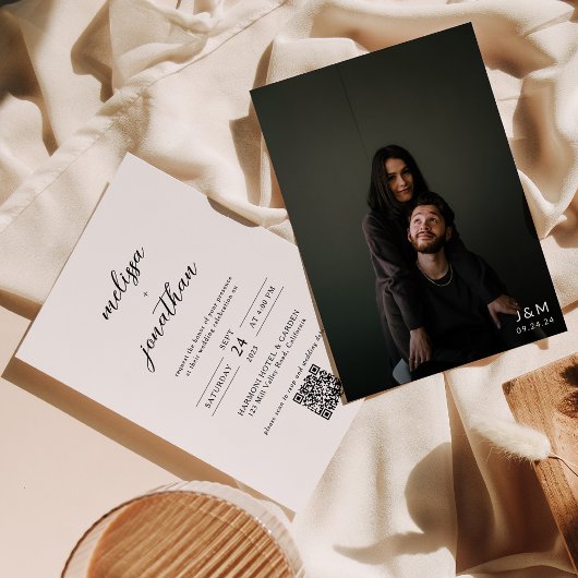 モダンフルフォトモノグラムQRコードのスクリプ結婚ト 招待状