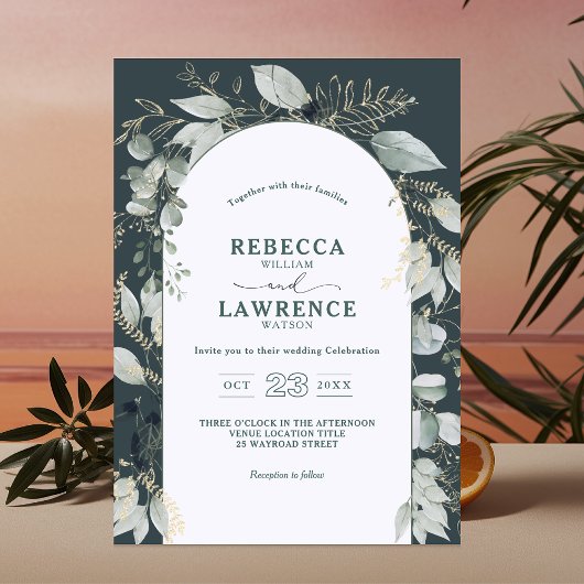 モダンフレームのグリーンの葉の結婚式招待状 招待状