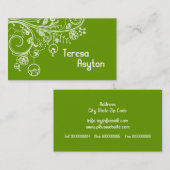 モダンフローラの渦巻き旋回と鳥の緑 名刺 (正面/裏面)