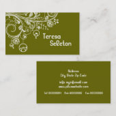 モダンフローラの渦巻き鳥と鳥オリーブグリーン 名刺 (正面/裏面)