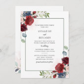 モダンフローラほこりっぽい青いブルゴーニュ結婚ーの葉 招待状 (正面/裏面)