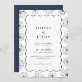 モダンフローラアートウェーブフレーム結婚ブルー 招待状 (正面/裏面)