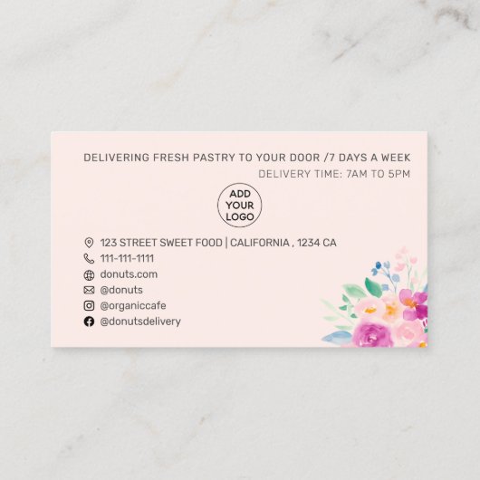 モダンフローラウォーターカラーペストリー転がベーカリーのピン 名刺 (裏面)