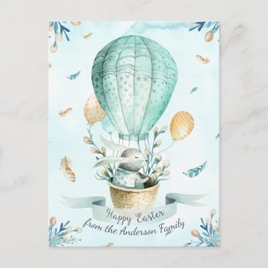 モダンフローラウォーター色ハッピーイースターバニー シーズンポストカード (正面)