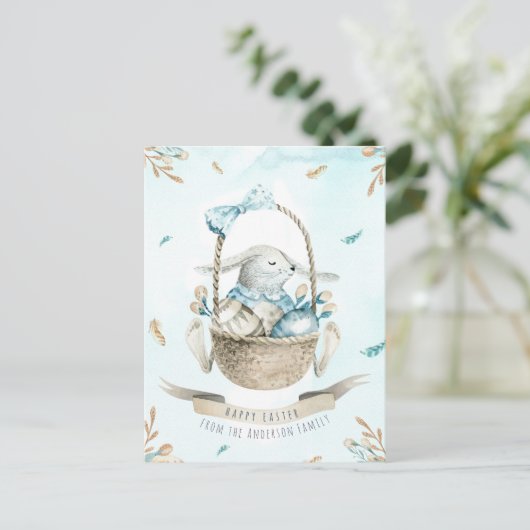 モダンフローラウォーター色ハッピーイースターバニー シーズンポストカード (スタンド正面)