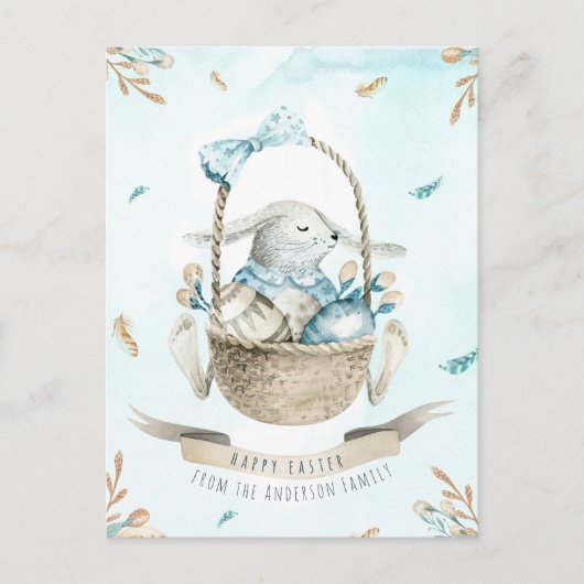 モダンフローラウォーター色ハッピーイースターバニー シーズンポストカード (正面)