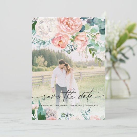 モダンフローラエレガントバラフラワー日付の保存 招待状 (スタンド正面)