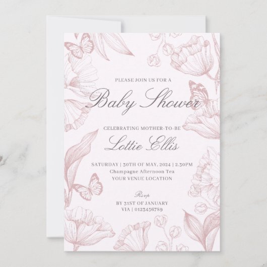 モダンフローラエレガントピンクボホガール赤ちゃんシャワー 招待状 (正面)