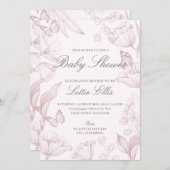 モダンフローラエレガントピンクボホガール赤ちゃんシャワー 招待状 (正面/裏面)