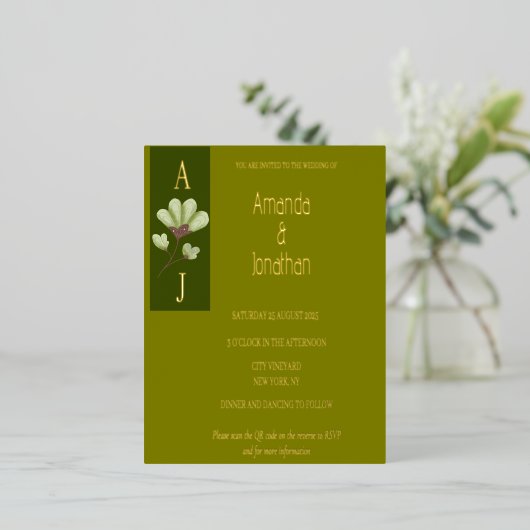 モダンフローラエレガントボヘミアンオリーブと金ゴールド 箔招待状ポストカード (立ち正面)