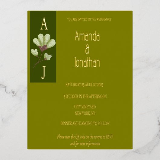 モダンフローラエレガントボヘミアンオリーブと金ゴールド 箔招待状ポストカード (正面)