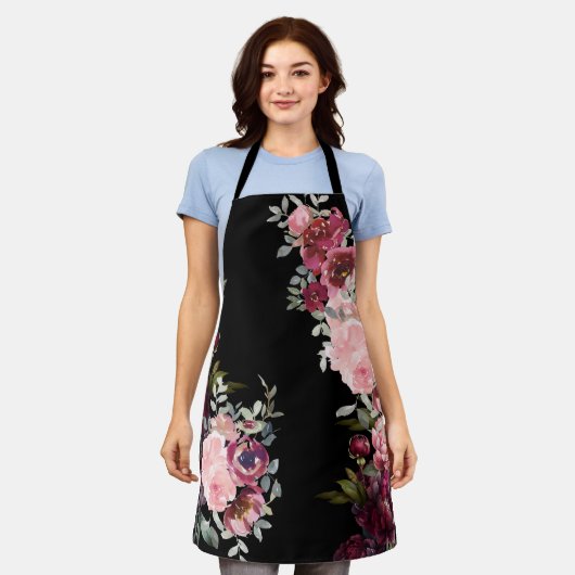 モダンフローラエレガント牡丹オンブラック エプロン (着用した状態)