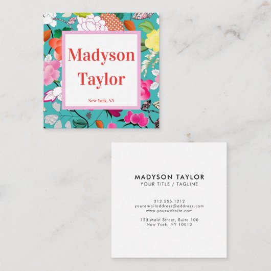 モダンフローラカスタムタイポグラフィ スクエア名刺 (正面/裏面)