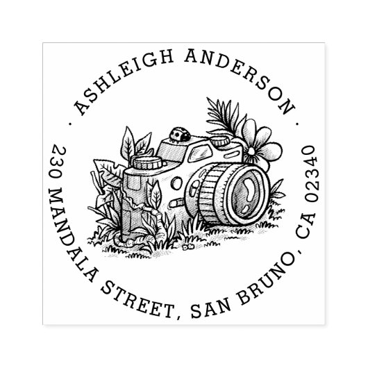 モダンフローラカメラ名とラウンド差出人住所 ラバースタンプ (インプリント)