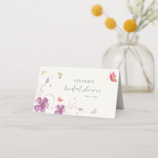 モダンフローラカラフル蝶ブライダルシャワー プレイスカード (裏面)