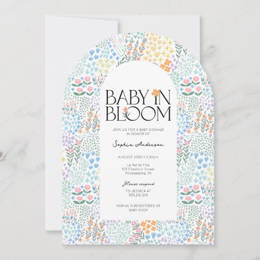 モダンフローラカラフル開花ベビーシャワーベビー 招待状 (正面)