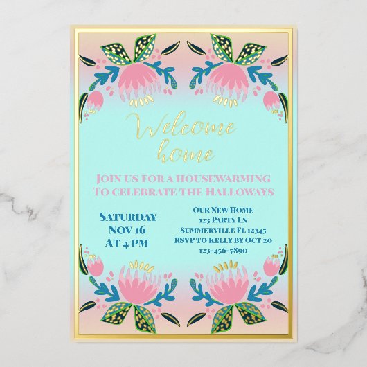 モダンフローラガーデン引っ越し祝いパーティーパーティー 箔招待状 (正面)