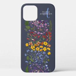 モダンフローラガーリーカラフルイニシャルネイビーブルーcas iPhone 12ケース