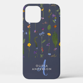 モダンフローラガーリーカラフルイニシャルネイビーブルーcas iPhone 12ケース