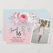モダンフローラグラデーションsweet sixteen誕生パーティー 招待状 (正面/裏面)