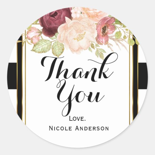 モダンフローラグラム白黒ストライプシックフライト ラウンドシール (正面)