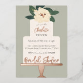 モダンフローラケーキブライダルシャワー金ゴールド 箔招待状 (正面)