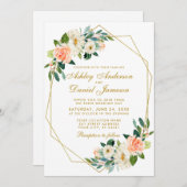 モダンフローラコーラル金ゴールド幾何結婚フレーム 招待状 (正面/裏面)