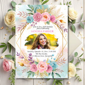 モダンフローラスクリプスタイリッシュトフォトシック誕生日 招待状