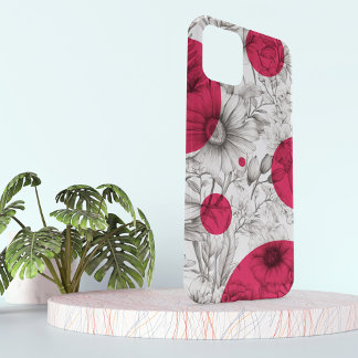 モダンフローラスケッチマゼンタピンクレトロ円 iPhone 15ケース