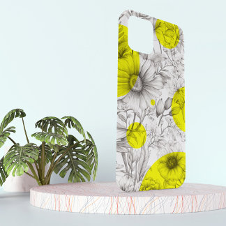 モダンフローラスケッチ明るい黄色のレトロ円 iPhone 15ケース