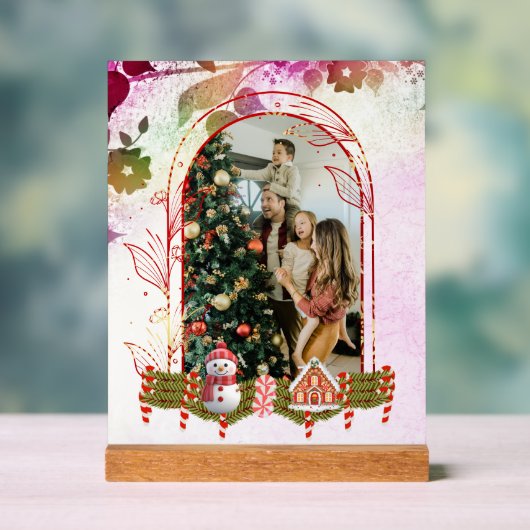 モダンフローラスタイリッシュクリスマス家族の写真 アクリルサイン (ニュートラル)