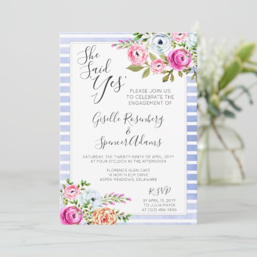 モダンフローラストライプ婚約パーティ招待状 招待状 (スタンド正面)